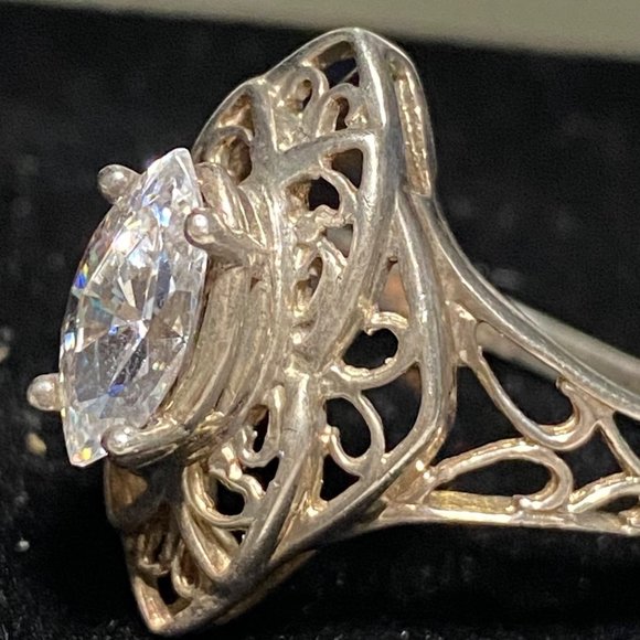 Ring Marquis CZ Cubic Zirconia 10mm x 5mm Filigree Vintage Jewelry Sterling Silv - Picture 7 of 16